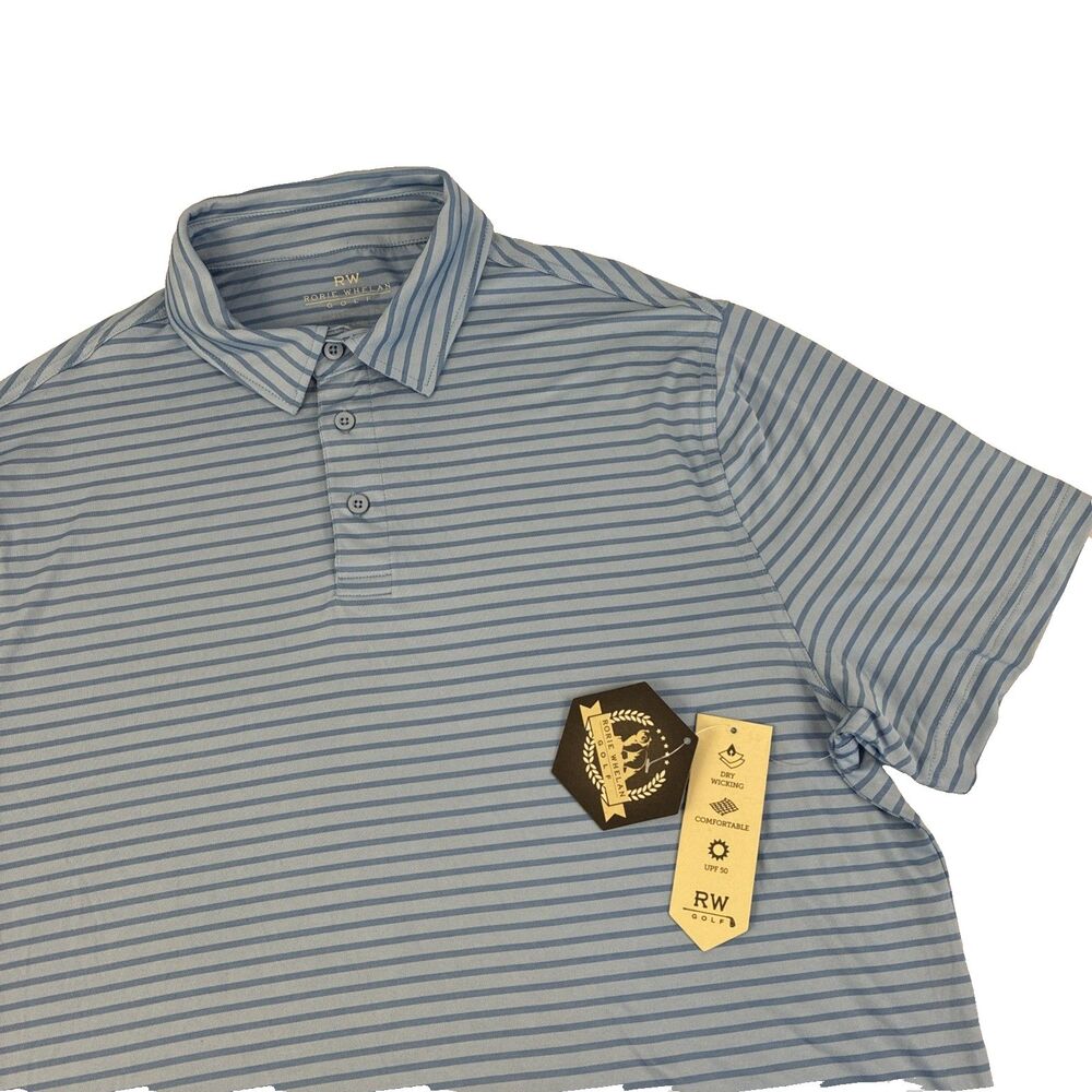 New Mens Rorie Whelan Golf Short Sleeve‎ Polo Shirt Size Large Blue Striped NWT